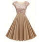 Women's Elegant Sequin V Neck Cap Sleeves Pleated Evening Cocktail Dress