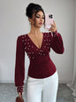 V-neck Pearl Solid Color Long Sleeved Fitted T-shirt Women