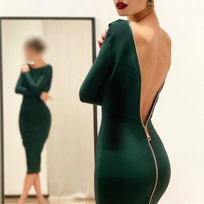 Women's Zipper Back Bodycon Dress, Sexy Cocktail Party Clubwear Midi Dress For Night Out