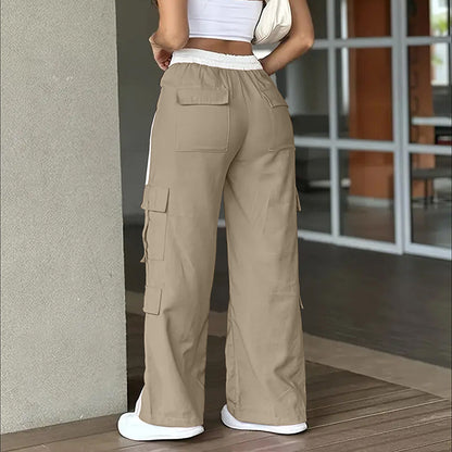 Women's Striped Straight Leg Pants Button Zip With Pocket Casual Trousers For Spring And Fall