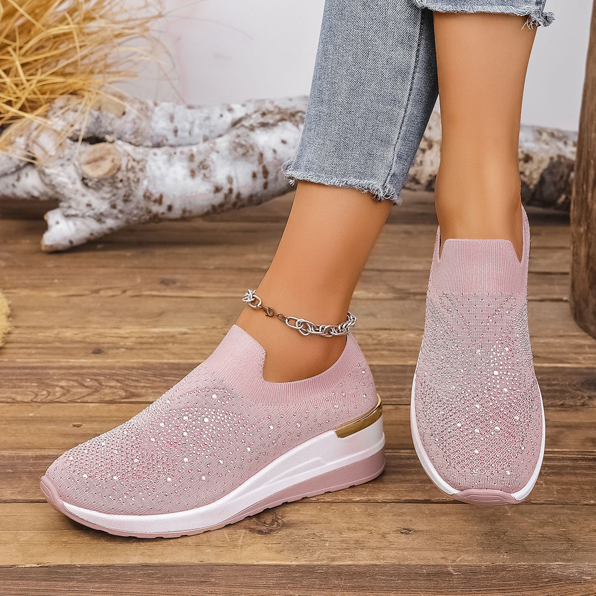 Pumps Women's Summer Wedge Round Toe Rhinestone Slip-on Women's Pumps Pumps Product information: Color: Black, milky white, pink, Rose Red, White Upper height: low top Heel height: low heel (1-3CM) Heel shape: Wedge Size: 36, 37, 38, 39, 40, 41, 42, 43 So