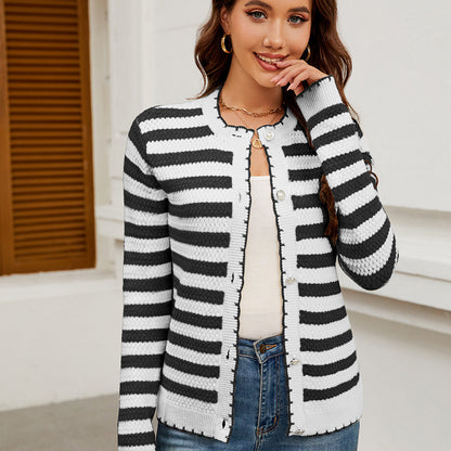 Women's Striped Sweater Button Knitted Cardigan