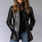 Women's Stand Collar Long Sleeve Distressed Fashion Leather Jacket Coat