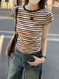 Contrast Color Striped Round Neck Short Sleeve Women's Shoulder Top