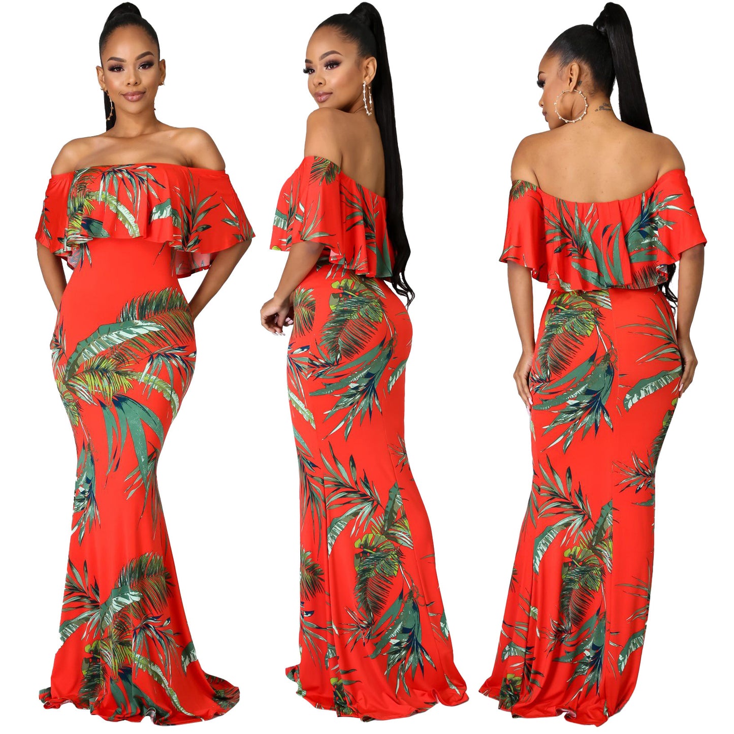 Fashion Digital Printing Off-neck Tube Top Dress