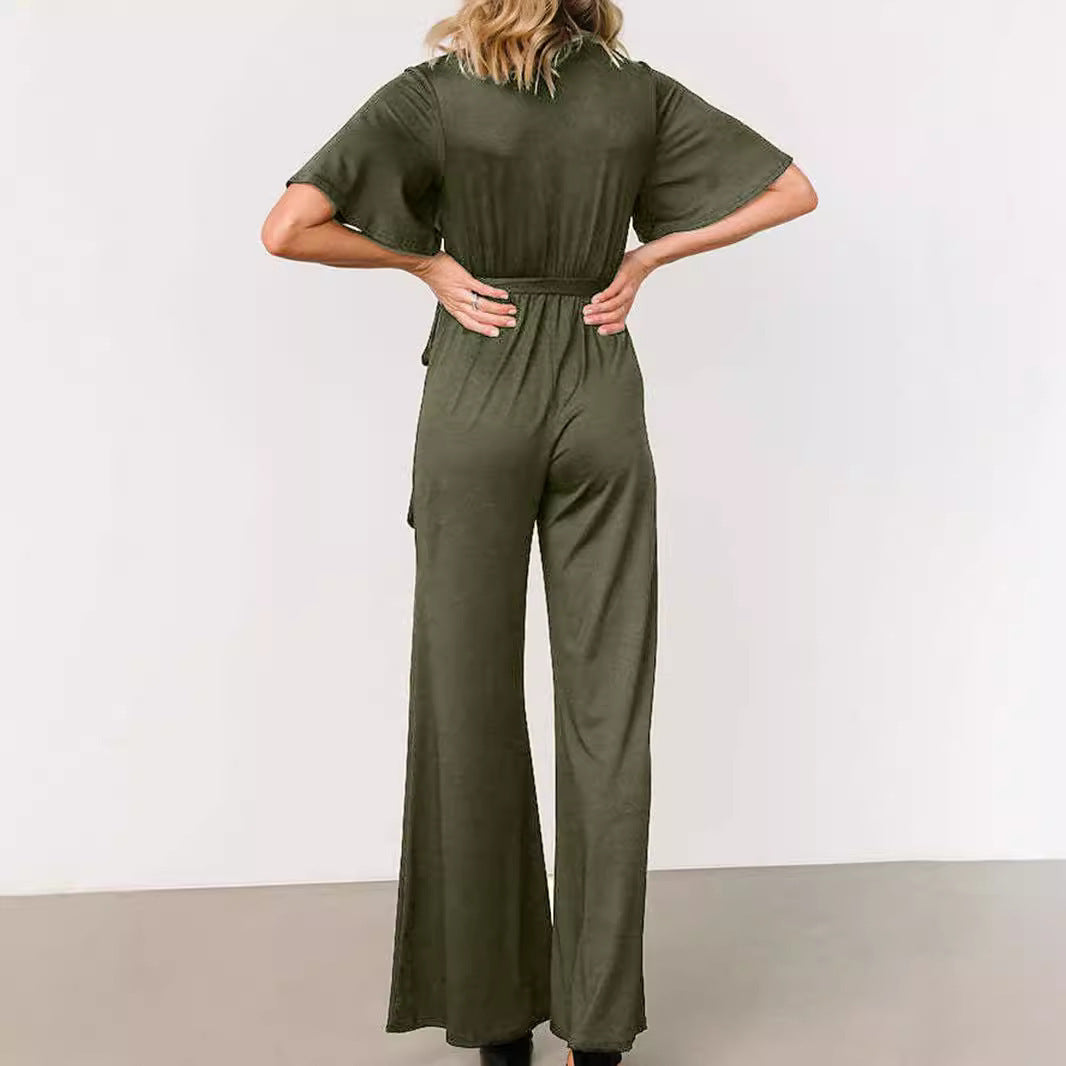 Women's Casual Solid Color Short Sleeve Belt Jumpsuit