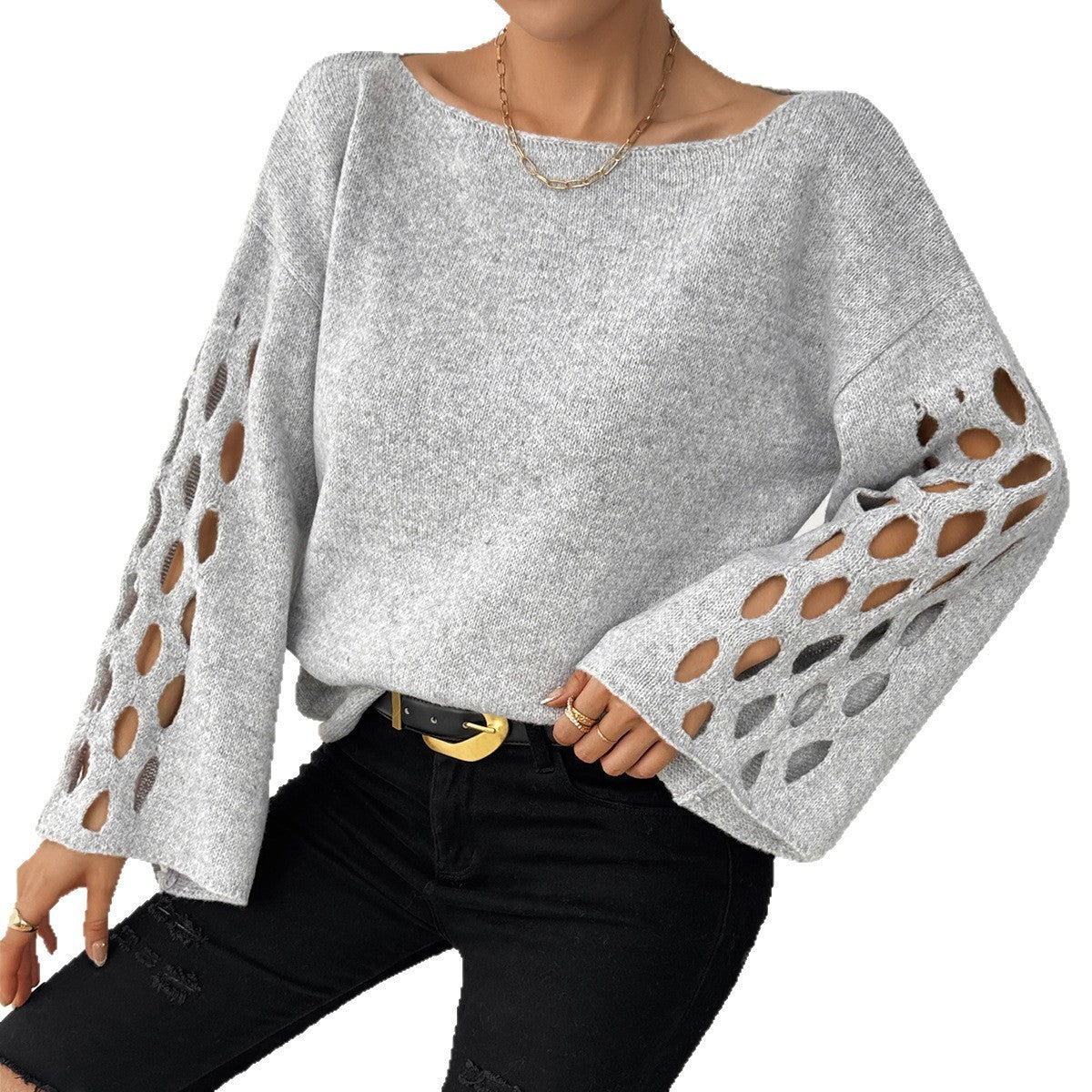 Women's Solid Color Round Neck Long Sleeve Hollow Sweater