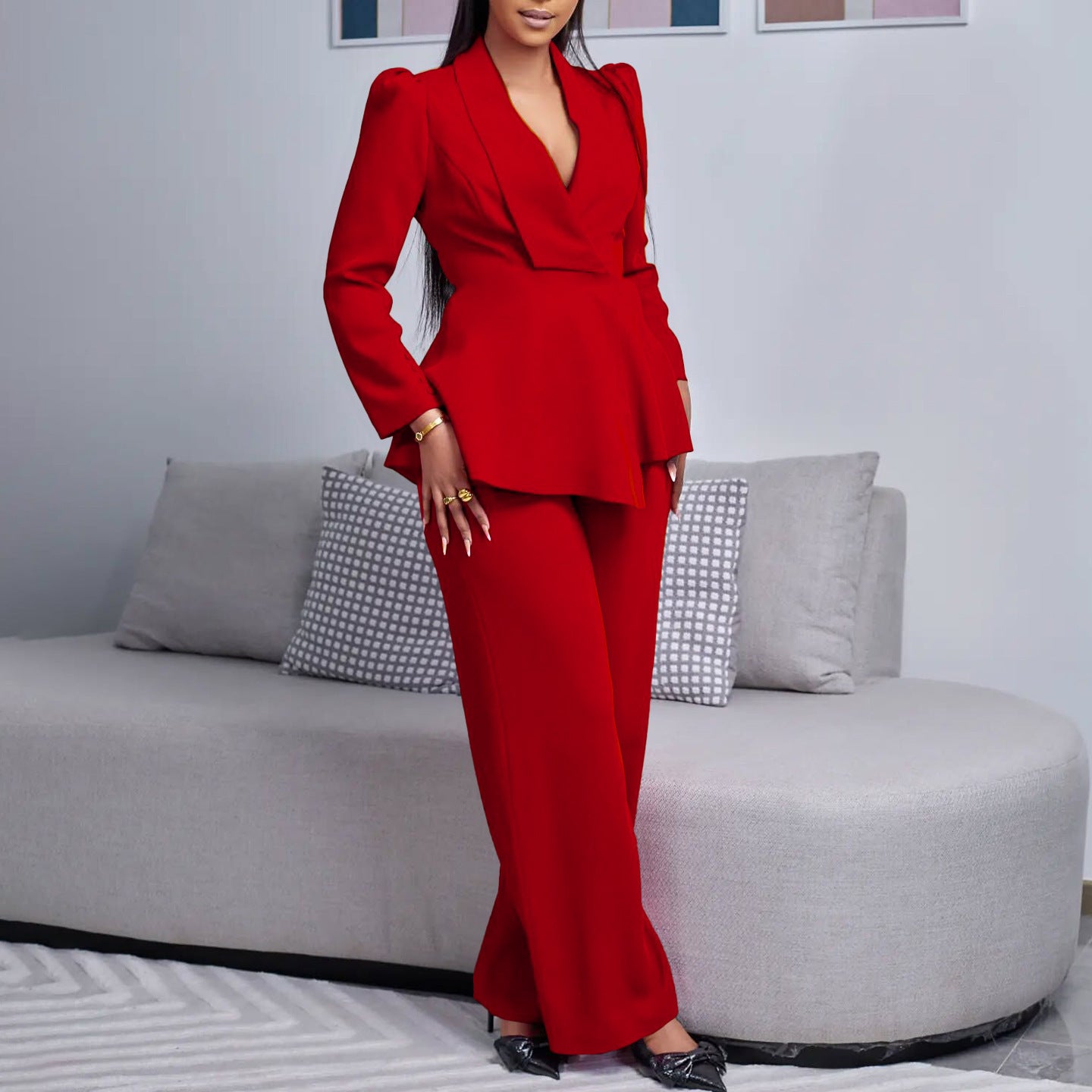 Ruffled Long-sleeved Top Wide-leg Pants Suit