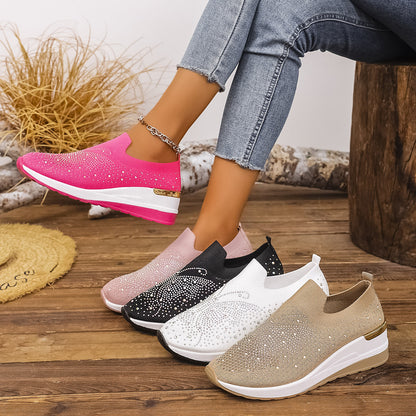 Pumps Women's Summer Wedge Round Toe Rhinestone Slip-on Women's Pumps Pumps Product information: Color: Black, milky white, pink, Rose Red, White Upper height: low top Heel height: low heel (1-3CM) Heel shape: Wedge Size: 36, 37, 38, 39, 40, 41, 42, 43 So