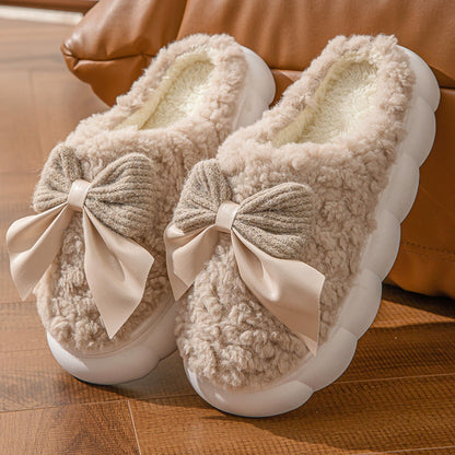 Bow Slippers Indoor Couple Non-slip Floor Bedroom Slippers Winter Warm Plush Home Shoes Household Indoor Warm