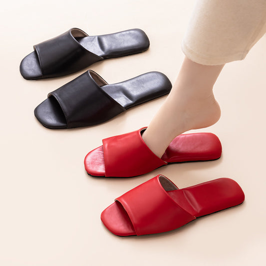 Womens PU Leather Plain Color Simple Slippers For Home Use