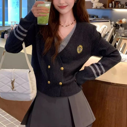 Long Sleeve College Style Fake Two-piece Cardigan Sweater