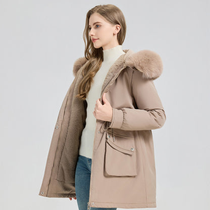 Women's Winter Fur-Lined Hooded Parka Coat Mid Length Down