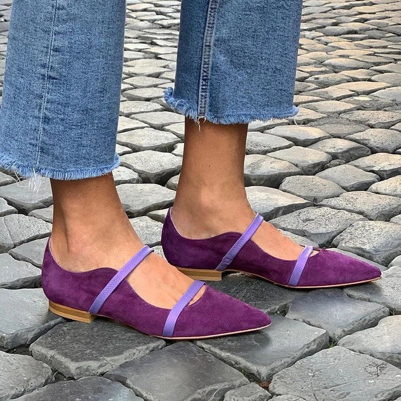 Womens Pointed-toe Low-cut Suede Shoes With Two Thin Straps