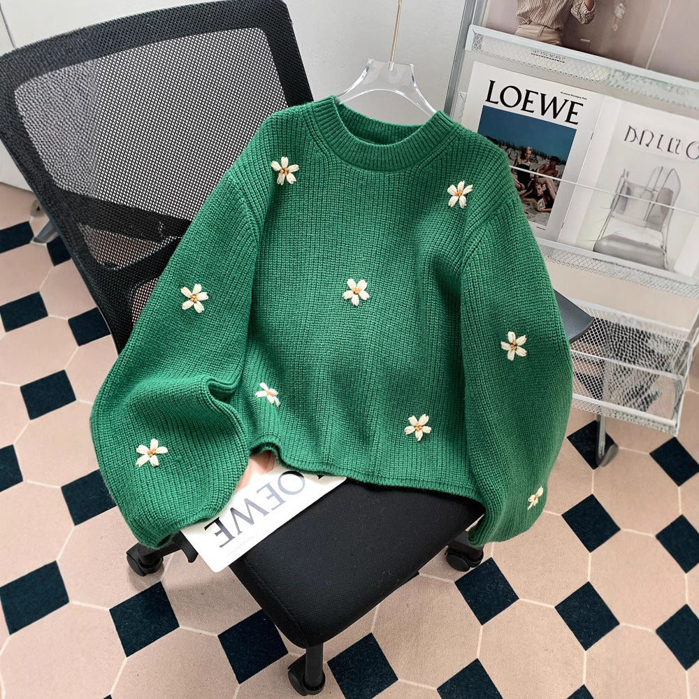 Loose And Lazy Style High-grade Korean Style Vintage Embroidered Flower Pullover Sweater