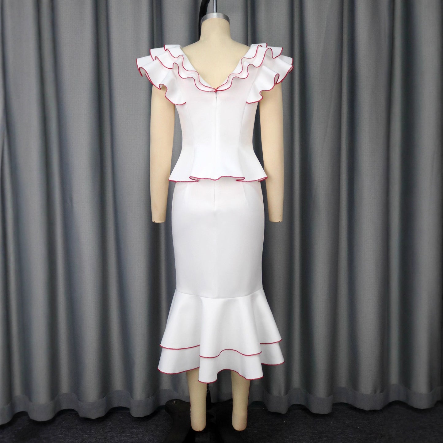 Women's Ruffled Contrast Color Top Temperament Slim Fishtail Skirt Suit