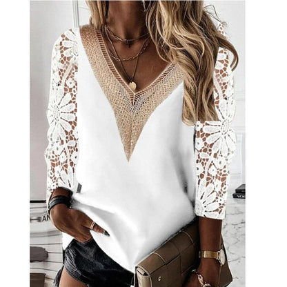 Commuter Nine-quarter Sleeve V-neck Stitching Hollow Lace Chiffon Shirt Pullover