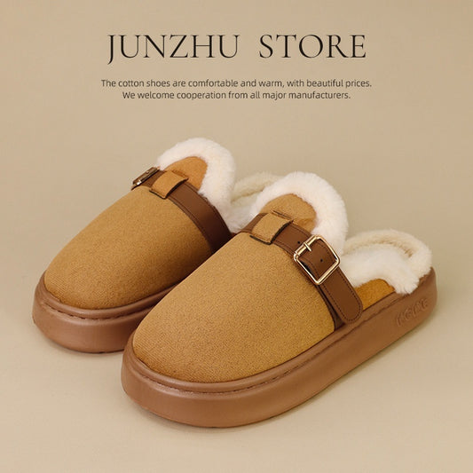 Womens AutumnWinter Indoor Plush Thick-Soled Warm Anti-Slip Cotton Slippers