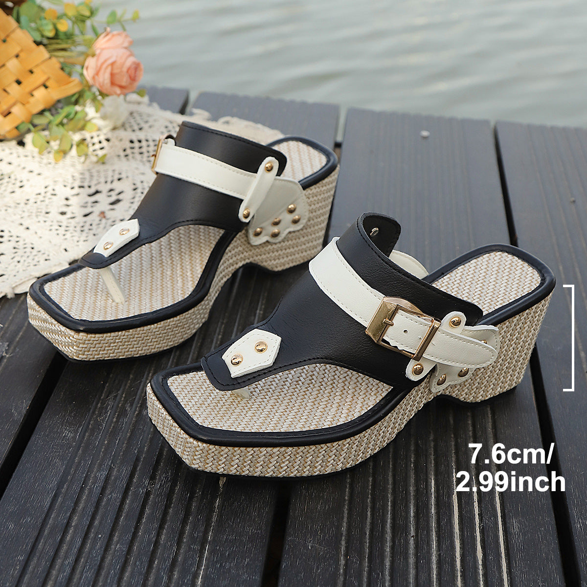 Chunky-heel Metal-buckle Slippers Beach Sandals