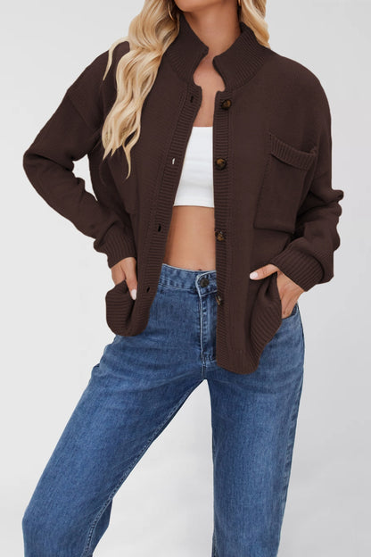 Standing Collar Plus Size Sweater Solid Color Cardigan For Women