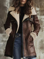 Faux Suede Zipper Composite Fur Integrated Turn-down Collar Coat