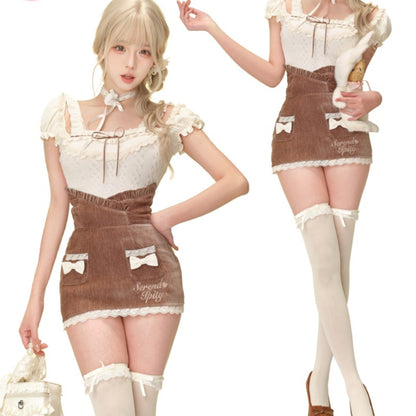 Apricot Knitted Top Brown Hip Skirt Shawl