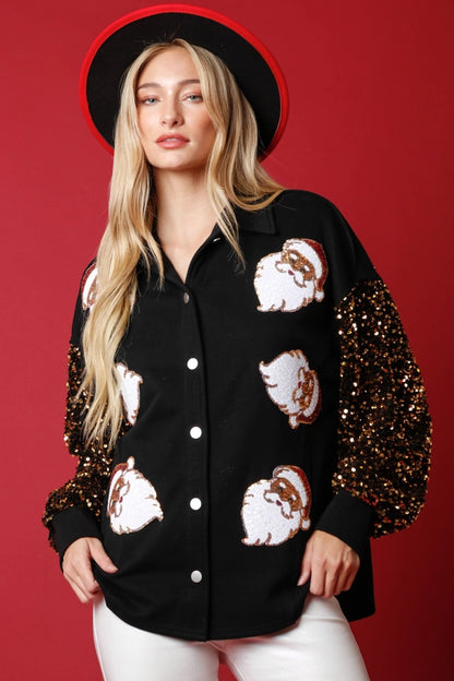 Women's Long-sleeved Button Fleece Shirt Sequined Sleeve Coat