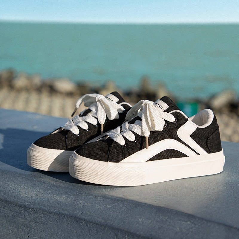 Minority All-match Board Shoes Female Four Seasons Students Product information: Pattern: color matching Lining material: Leather Color: blue, white black, black and white, yellow Black Upper height: low top Size: 35, 36, 37, 38, 39, 40 Sole craft: vulcan