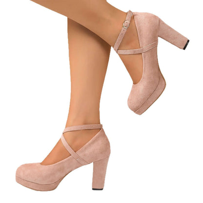 Shallow High-heel Chunky Heel Suede Cross-strap Women's Shoes Product information: Pattern: solid color Lining material: cloth Applicable sports: Universal Color: Black, apricot, pink Upper height: low top Heel height: high heels [6-8cm (inclusive)] Heel