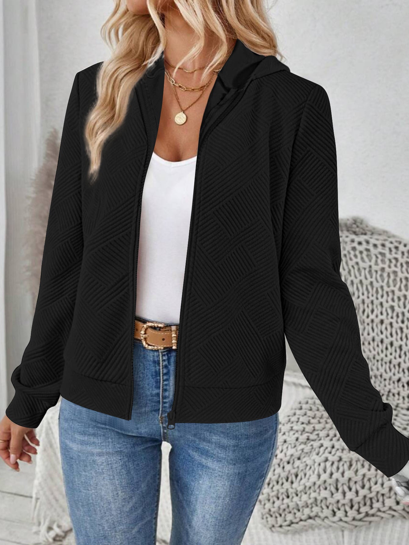 Jacquard Hooded Casual Long Sleeve Cardigan Zipper Coat