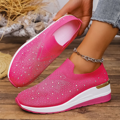 Pumps Women's Summer Wedge Round Toe Rhinestone Slip-on Women's Pumps Pumps Product information: Color: Black, milky white, pink, Rose Red, White Upper height: low top Heel height: low heel (1-3CM) Heel shape: Wedge Size: 36, 37, 38, 39, 40, 41, 42, 43 So