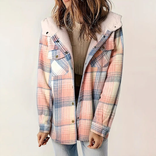 Women's Plaid Button-Up Long Sleeve Jacket Fall Winter  Flap Button Pocket Design Casual Hooded Fleece-Lined Warm Coat