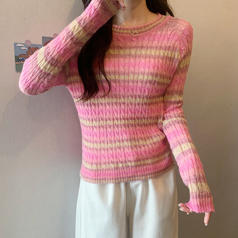 Striped Round Neck Pullover Sweater For Women