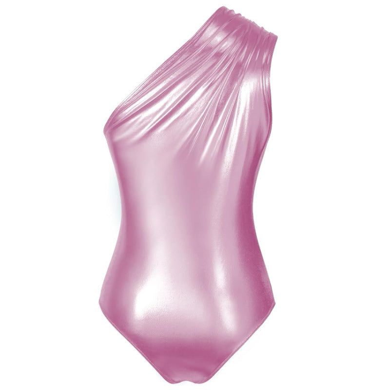 Oblique Shoulder Hot Girl Jumpsuit Metallic Glossy Sexy Party