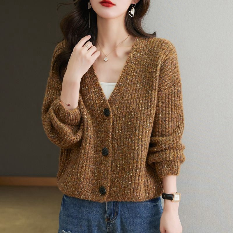 Colorized Sweater V-neck Knitted Jacket Women's Single-breasted Loose