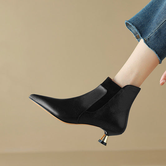 Genuine Leather Pointed-toe Kitten Heel Ankle Boots With A Sleek Mid-heel Design