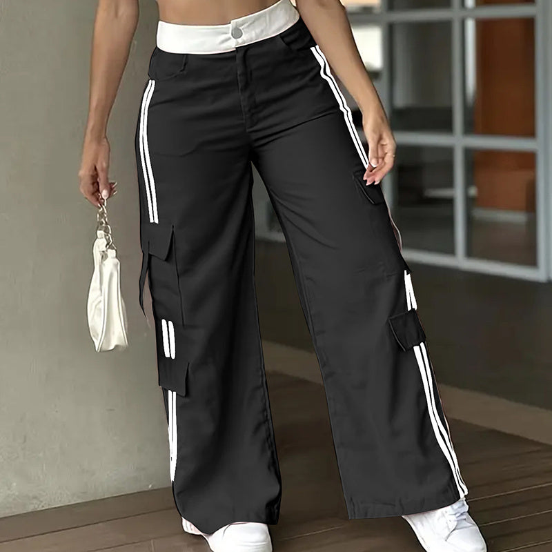 Women's Striped Straight Leg Pants Button Zip With Pocket Casual Trousers For Spring And Fall