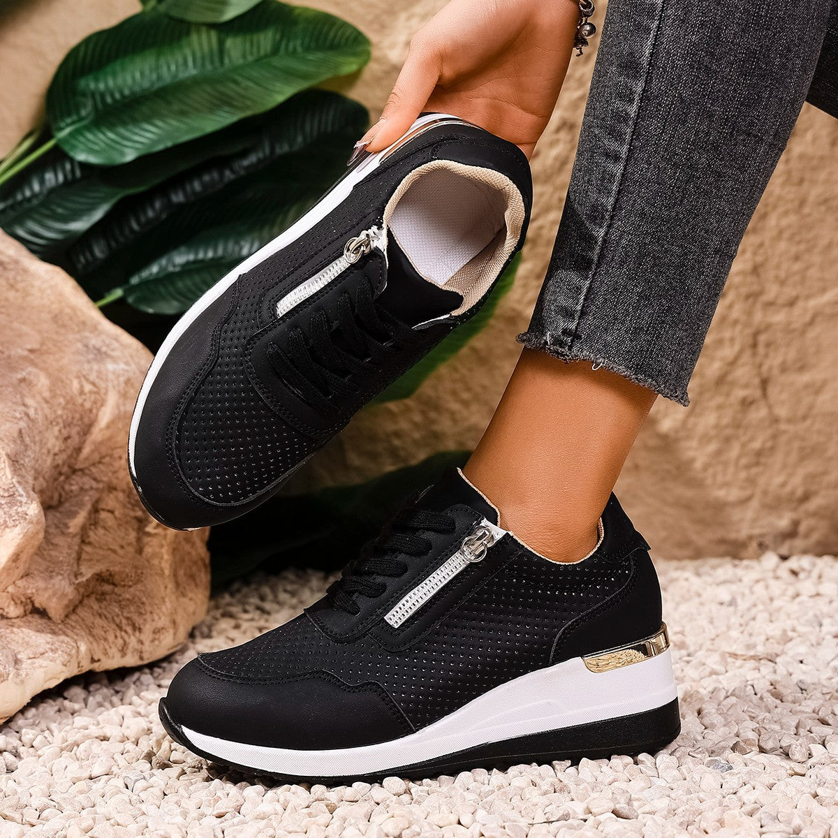 Womens Casual Wedge Mid-heel Lace-up Athletic Shoes