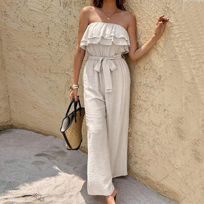 Women's Summer Sleeveless Tube Top Jumpsuit Ruffled Tied Jumpsuit