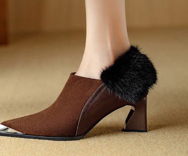 Womens Retro Chic Versatile Metal Pointed-Toe Slimming Cotton Shoes With Zipper And High Heel
