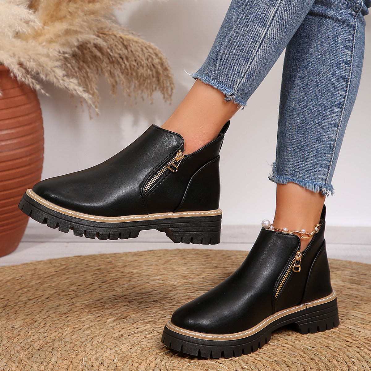 Autumn And Winter Round Toe High Heel Boots Women's Shoes Product information: Pattern: solid color Lining material: imitation leather Color: Black Heel height: mid heel (3-5CM) Sock length: low tube Heel shape: square heel Size: 36,37,38,39,40,41,42,43 S