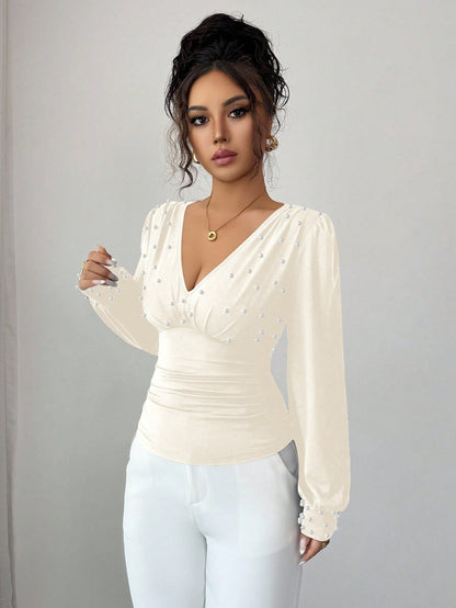 V-neck Pearl Solid Color Long Sleeved Fitted T-shirt Women
