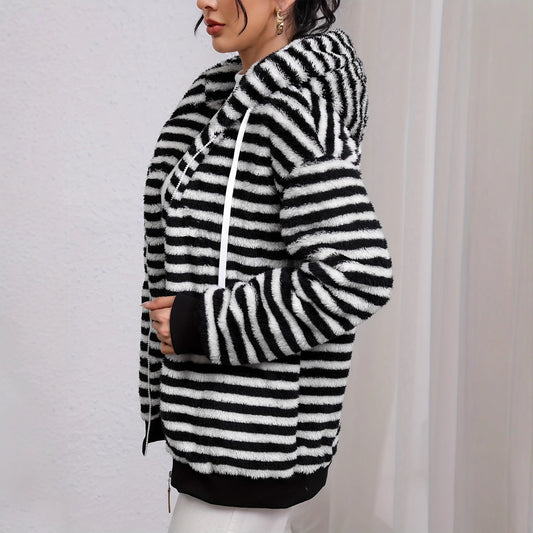 New Lazy Plush Design Black And White Striped Hooded Jacket
