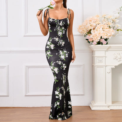 Floral Ruffle Back Tie Halter Maxi Bodycon Mermaid Dress With Multiple Patterns