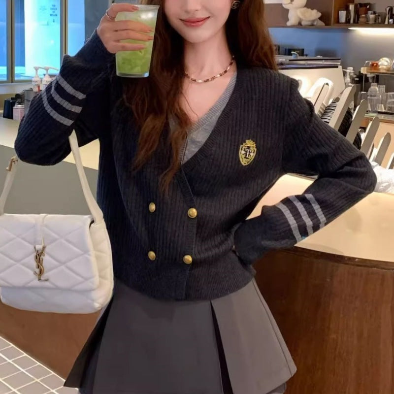 Long Sleeve College Style Fake Two-piece Cardigan Sweater