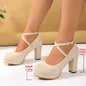 Shallow High-heel Chunky Heel Suede Cross-strap Women's Shoes Product information: Pattern: solid color Lining material: cloth Applicable sports: Universal Color: Black, apricot, pink Upper height: low top Heel height: high heels [6-8cm (inclusive)] Heel