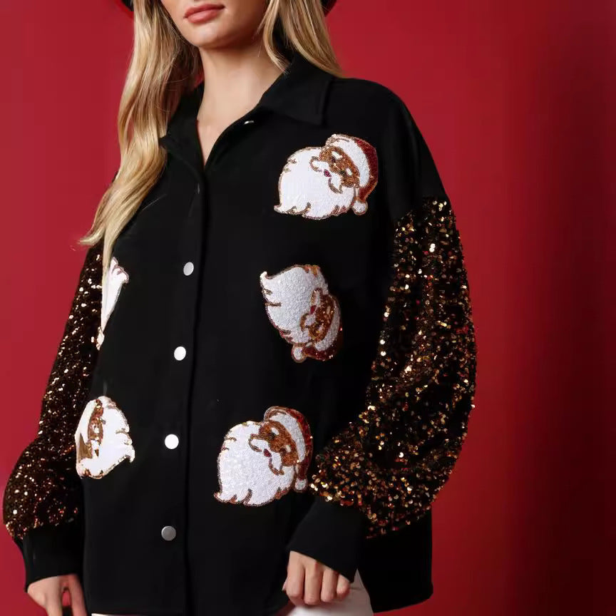Women's Long-sleeved Button Fleece Shirt Sequined Sleeve Coat