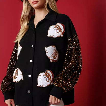 Women's Long-sleeved Button Fleece Shirt Sequined Sleeve Coat