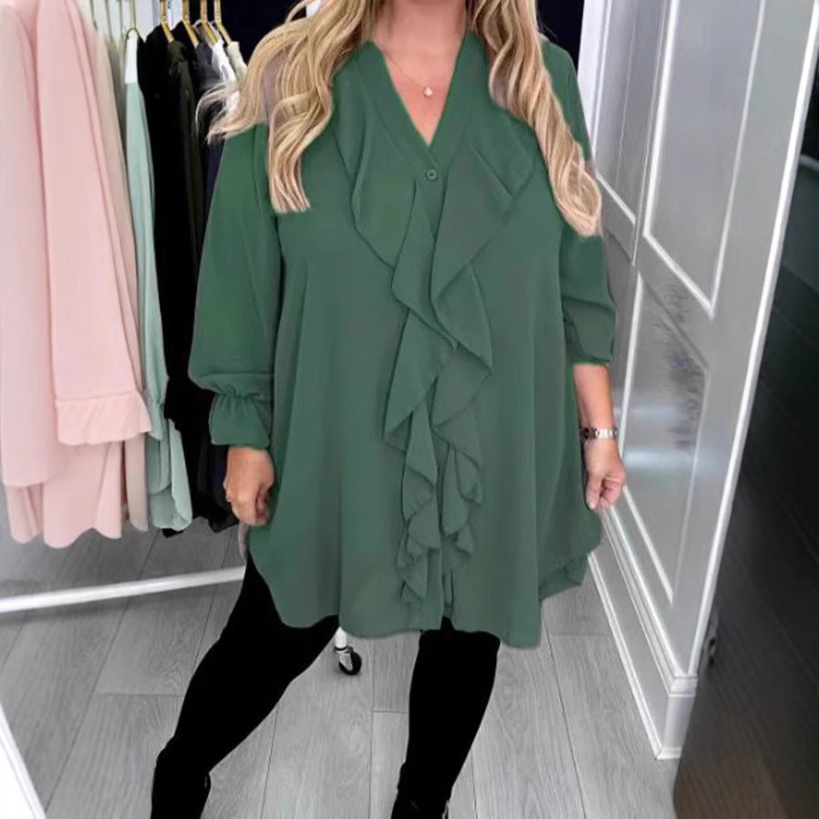 Women's Solid Color Loose Lotus Leaf V-neck Long Sleeve Shirt