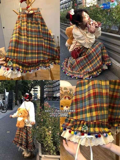 Christmas Retro Color Plaid Skirt For Women